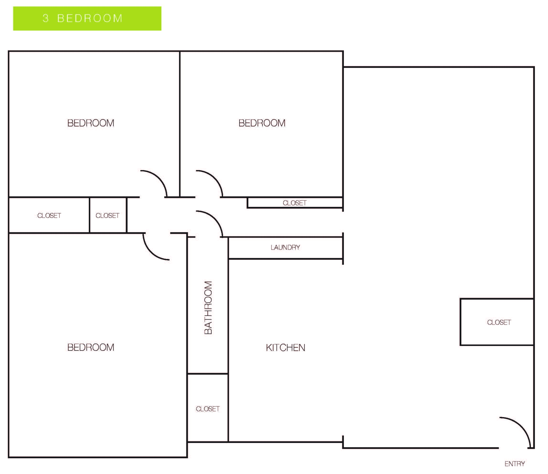 Floor plan for 3 beds, 1 bath, 1064 sqft
